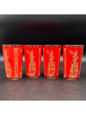 Culver Thai Goddess Highball Glasses Red Set Of 4 Vintage Art Deco Barware
